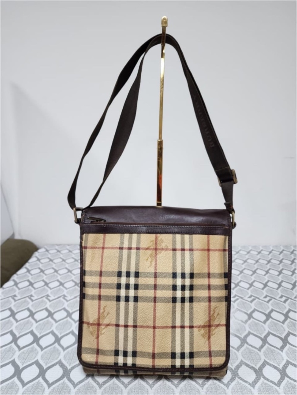 Authentic Burberry Haymarket Check Flap Crossbody Bag Brown/ Beige Leather